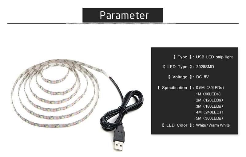 USB Power SMD 2835 Epoxy LED Strip Light Christmas Desk Decor Lamp for TV Background Lighting, Lengt