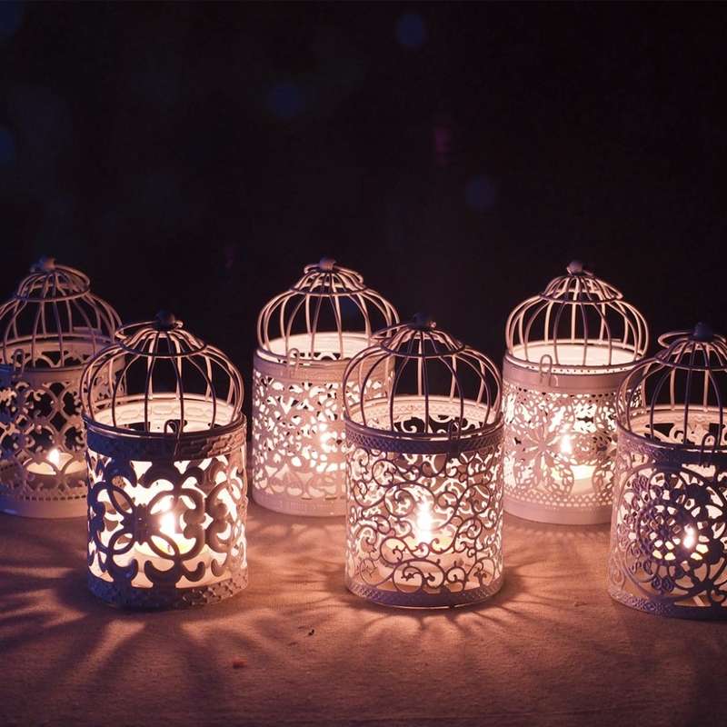 Antique Creative Bird Cage Candlestick Wrought Iron Ornaments Hollow Flower Pattern Home Decoration