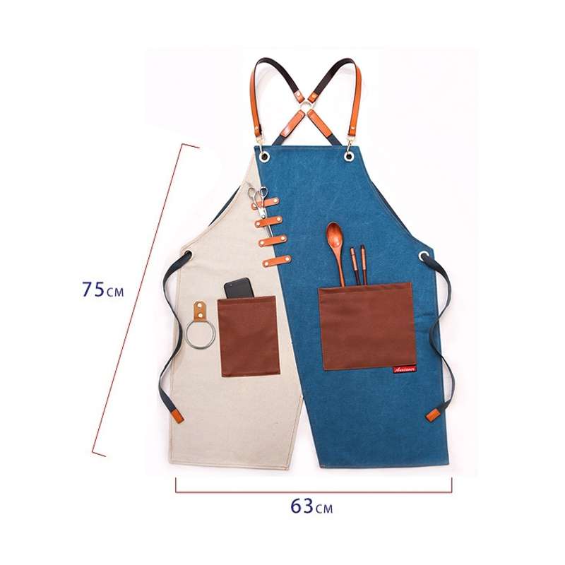 Denim Apron Barber Milk Tea Shop Waiter Overalls(Gray-yellow Shoulder Strap)