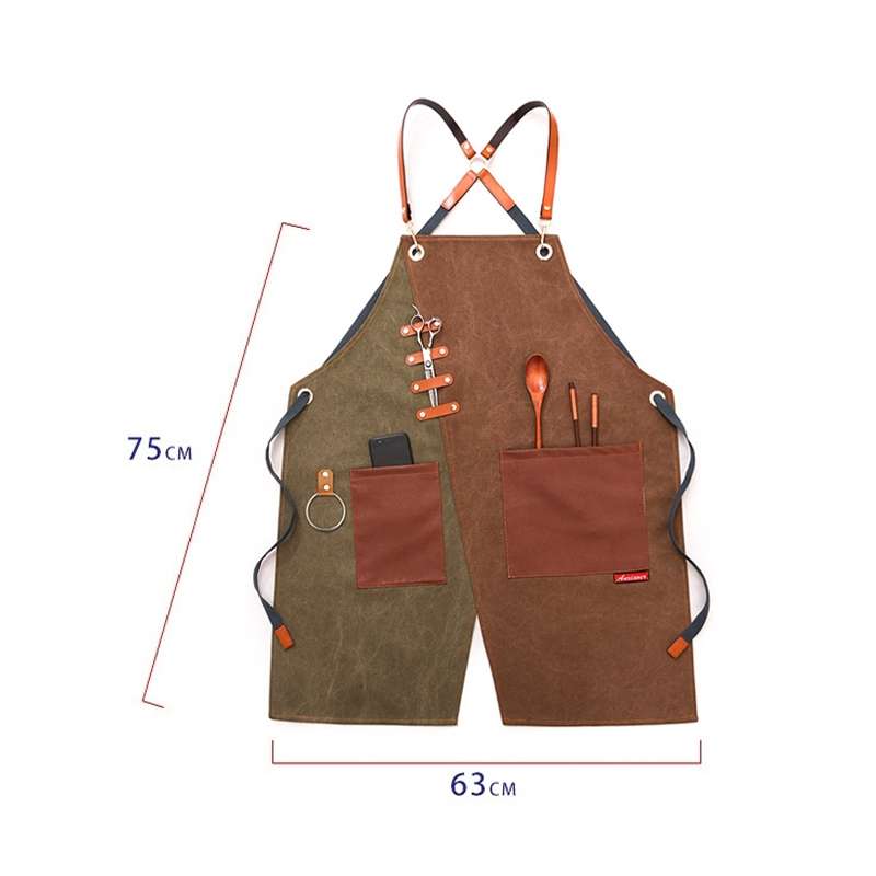 Denim Apron Barber Milk Tea Shop Waiter Overalls(Gray-yellow Shoulder Strap)