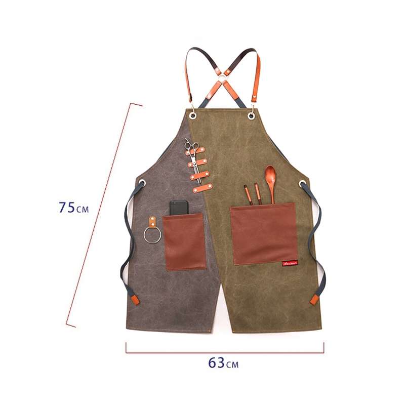 Denim Apron Barber Milk Tea Shop Waiter Overalls(Gray-yellow Shoulder Strap)