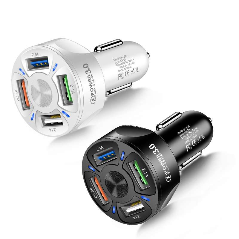 BK-358 3A QC3.0 4USB Car Charger One For Four Mobile Phone Car Charger(White)