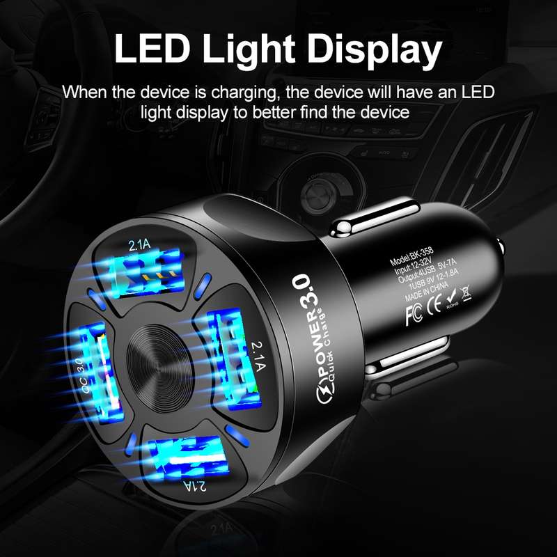 BK-358 3A QC3.0 4USB Car Charger One For Four Mobile Phone Car Charger(White)