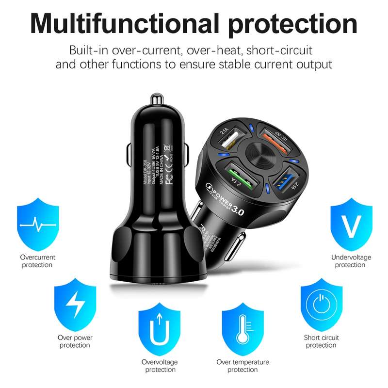 BK-358 3A QC3.0 4USB Car Charger One For Four Mobile Phone Car Charger(White)