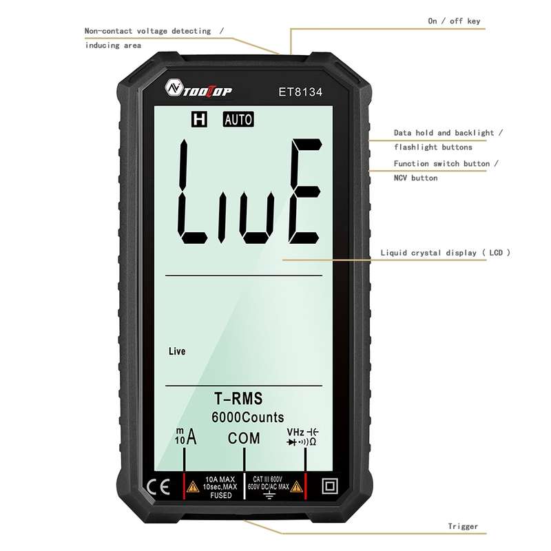 TOOLTOP ET8134 4.7 Inch LCD Full-Screen Multimeter With Color Change Alarm Function