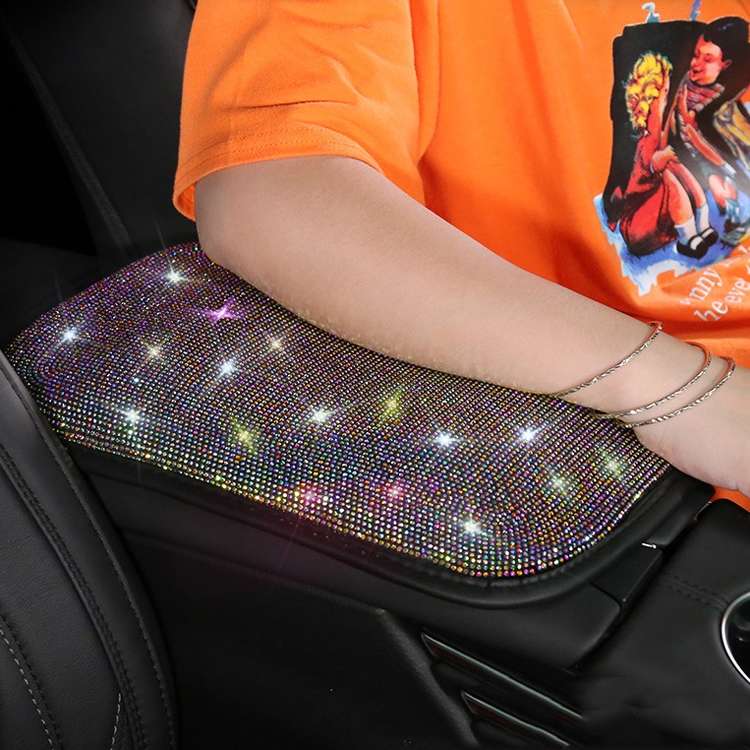 Car Diamond Armrest Box Cushion Personalized Car Decorations Dirt And Non-Slip(Black Green Diamond)