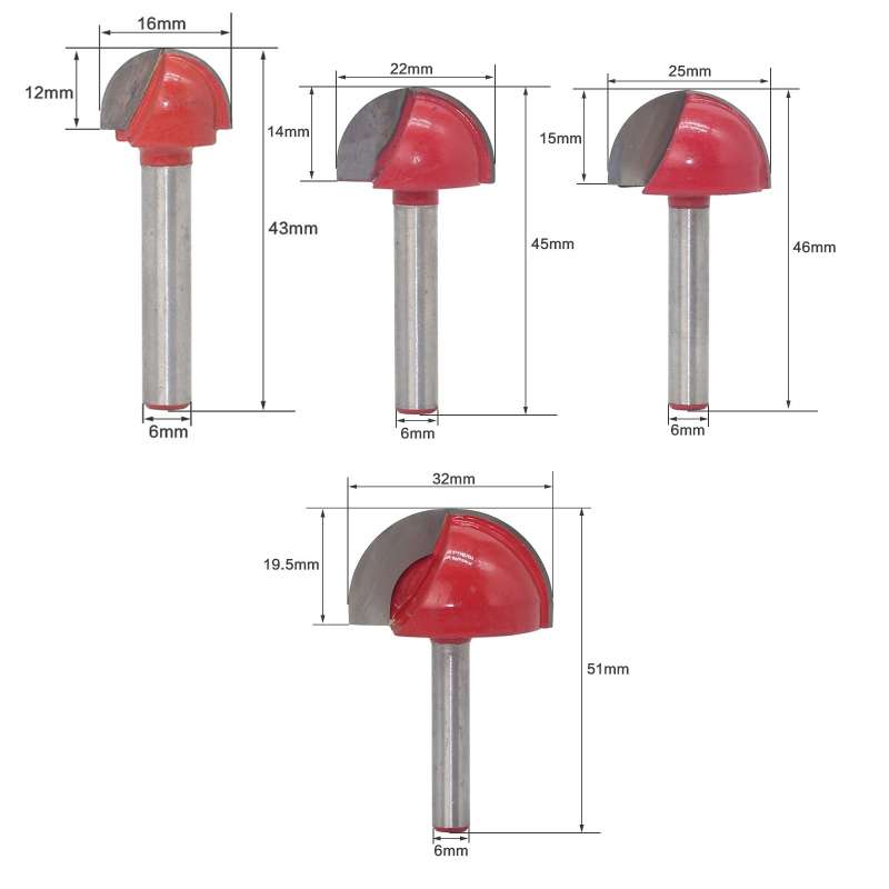 4 PCS/Set 16-32mm 6 Shank Lace Round Cutter Woodworking Relief Milling Cutter