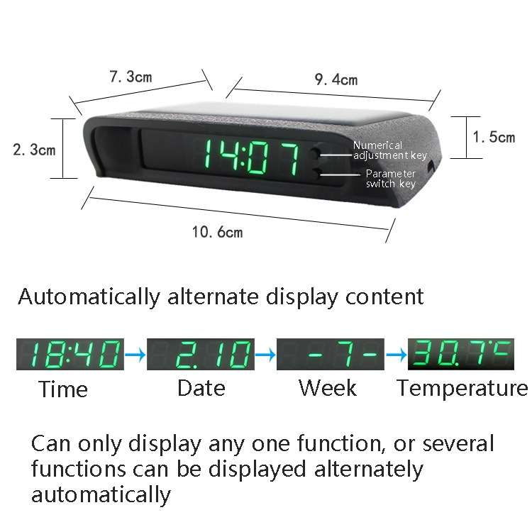 Solar Night Light Car Clock Automotive Electronic Clock Temperature Time+Date+Week+Temperature(Blue