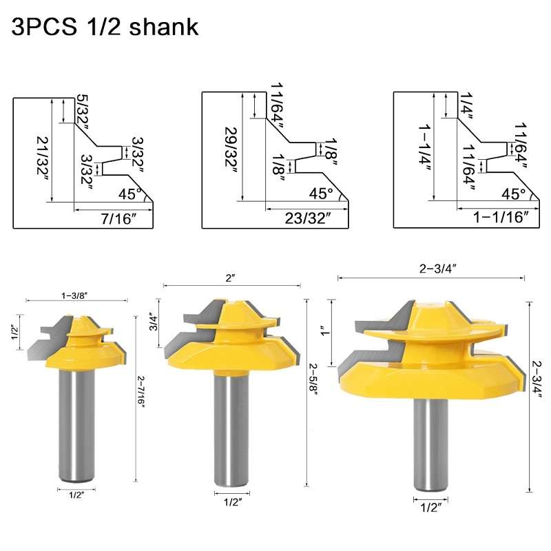 Woodworking Engraving Machine Milling Cutter 45 Degree Jointing Knife, Model: 1/2mm Handle 3PCS/Set