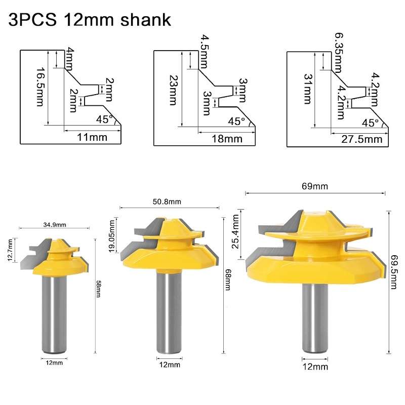Woodworking Engraving Machine Milling Cutter 45 Degree Jointing Knife, Model: 12mm Handle 3PCS/Set