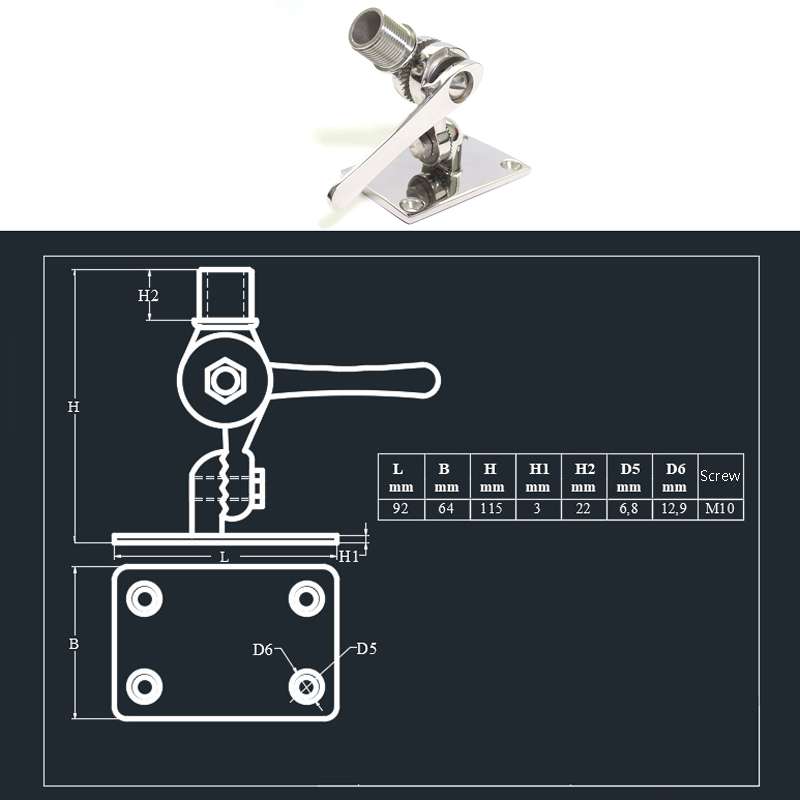 316 Stainless Steel Marine VHF Adjustable Antenna Base Mount For Boat, Specification: 92mm