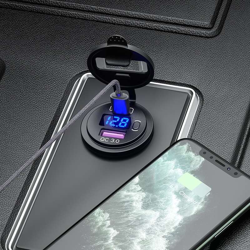 12V Modified Car USB Charger With Voltage Display PD QC3.0 Socket(With Terminal Blue Light)