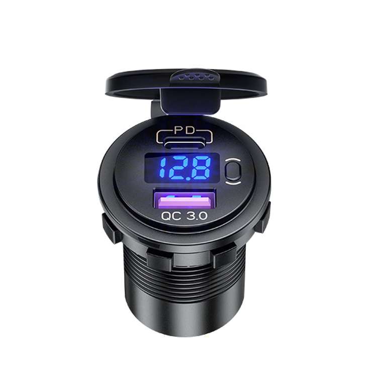 12V Modified Car USB Charger With Voltage Display PD QC3.0 Socket(With 60cm Line Green Light)