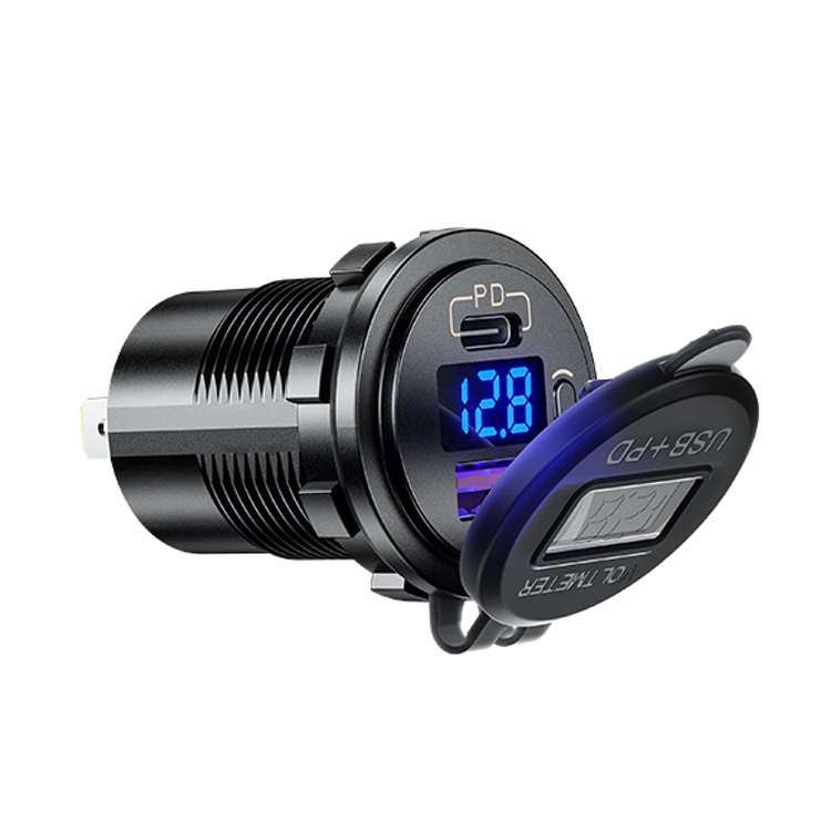 12V Modified Car USB Charger With Voltage Display PD QC3.0 Socket(With 60cm Line Green Light)