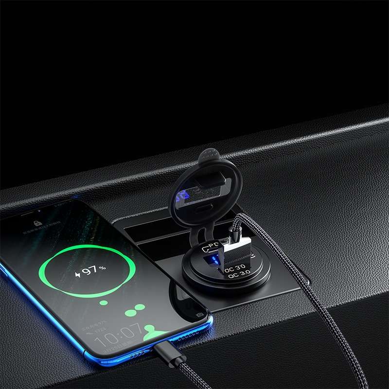 12V Modified Car USB Charger With Voltage Display PD QC3.0 Socket(With 60cm Line Green Light)