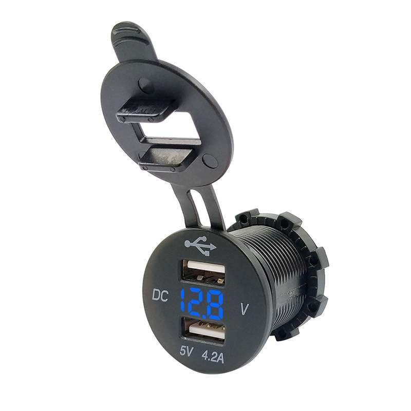 4.2A Dual USB With Voltage Display Mobile Phone Charger Socket Power Supply 12V Car Motorcycle(Blue