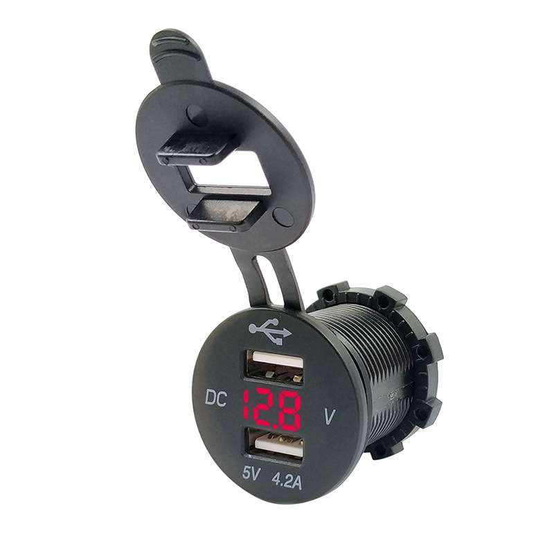 4.2A Dual USB With Voltage Display Mobile Phone Charger Socket Power Supply 12V Car Motorcycle(Red L