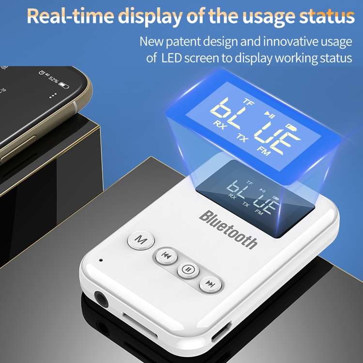 K6-W Bluetooth 5.0 Receiver Transmitter 2 in 1 Adapter Computer Speaker Car FM (White)