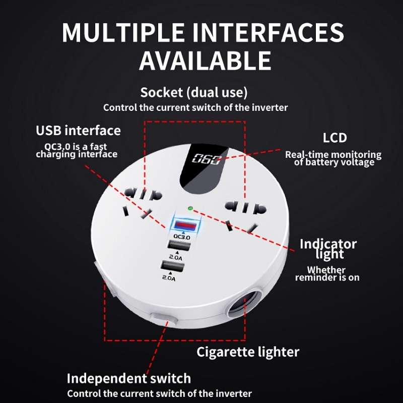 QC3.0 Car 12V 24V To 110V 220V Multi-function Inverter(Black Round)