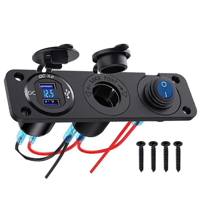 12-24V Car Ship Waterproof USB Charging Cigarette Lighter Master 3 In 1 Combined Panel Switch(Blue L