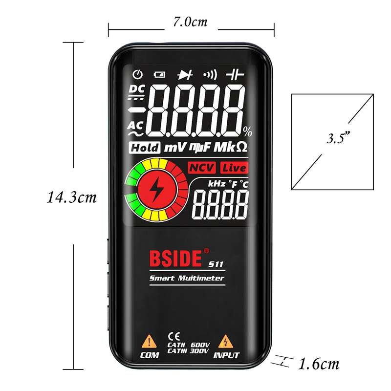 BSIDE Digital Multimeter 9999 Counts LCD Color Display DC AC Voltage Capacitance Diode Meter, Specif