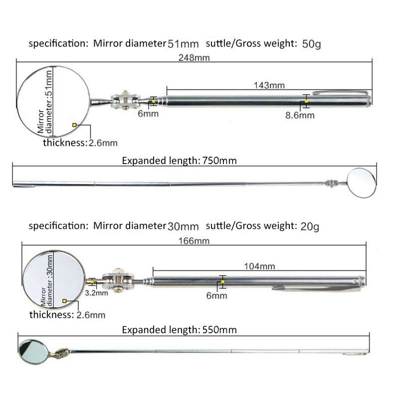 Car Repair Detection Mirror Universal Folding Telescopic Mirror Welding Chassis Inspection Mirror, M
