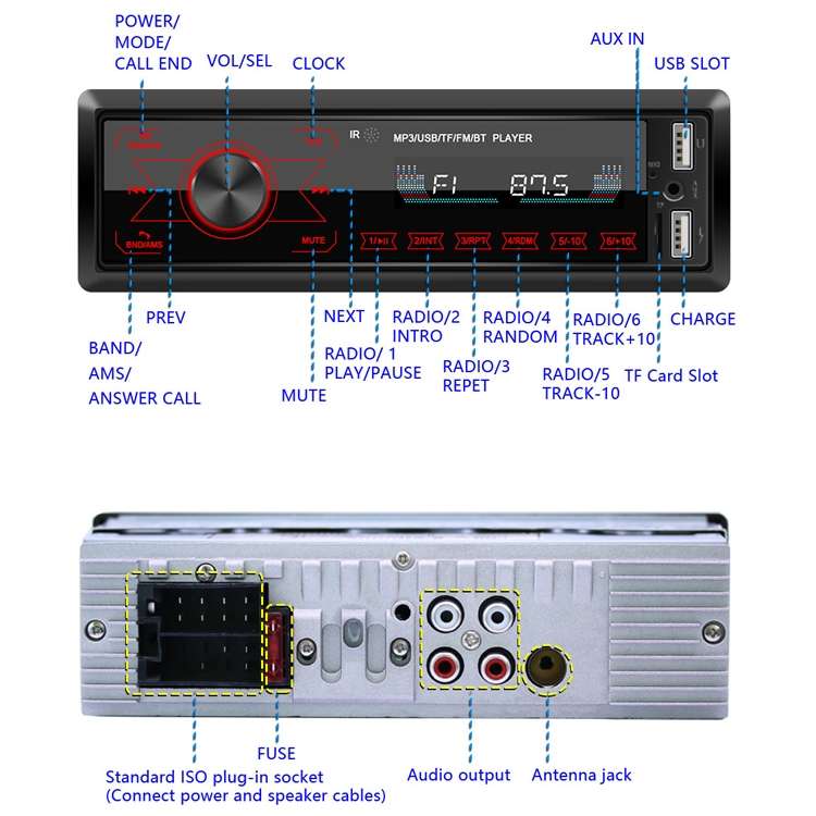 A2818 Car Bluetooth Speakerphone Car MP3 Player Function Touch Double U Disk Colorful Lights Radio,