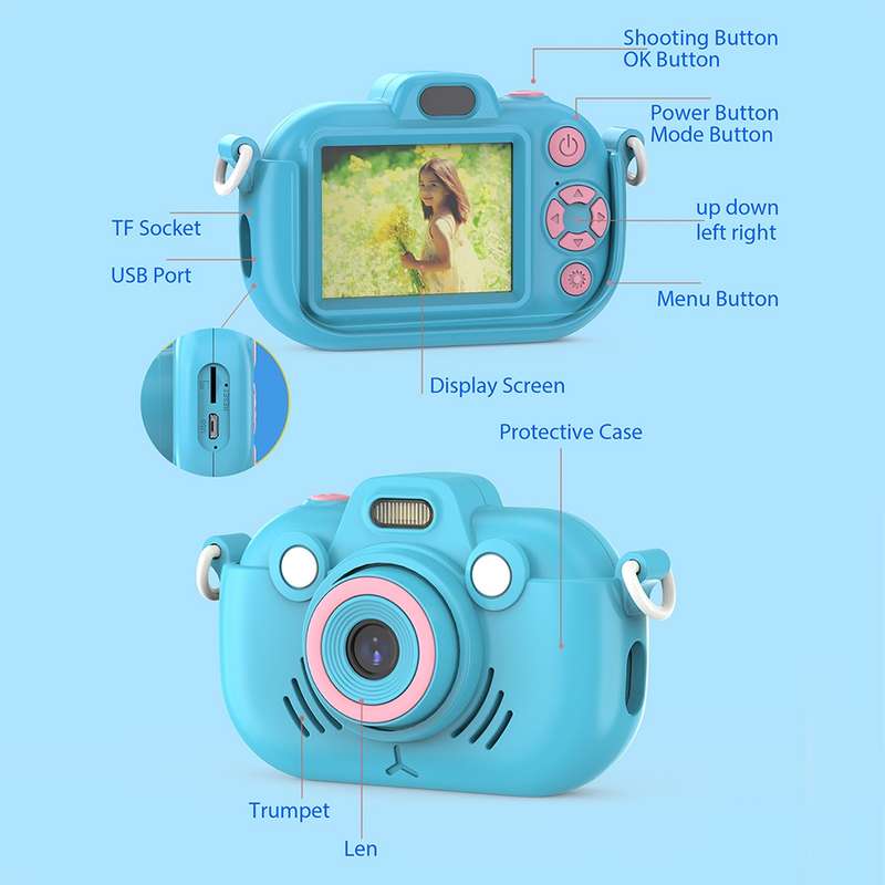 DC502 2.4-Inch 16X Zoom 2.7K Video Recording Children Digital Camera, Color: Blue + 32G(EU Plug)