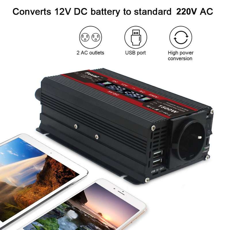 1500W LCD Smart Home Car Inverter 12V To 220V Power Converter