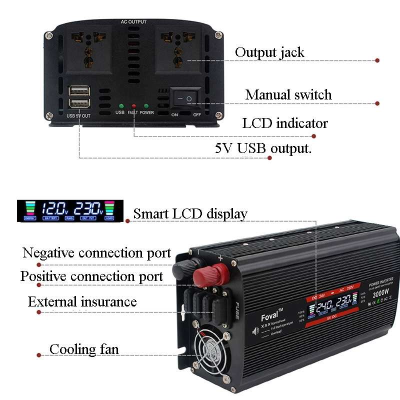 1500W LCD Smart Home Car Inverter 12V To 220V Power Converter