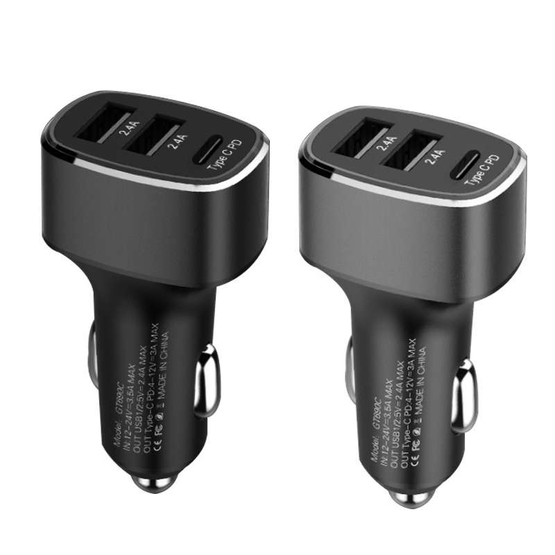 QIAKEY GT690C Dual USB + USB-C / Type-C Aluminum Alloy Three-Hole Car Charger(Black)