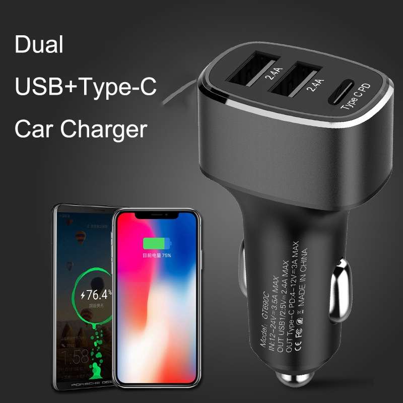 QIAKEY GT690C Dual USB + USB-C / Type-C Aluminum Alloy Three-Hole Car Charger(Black)