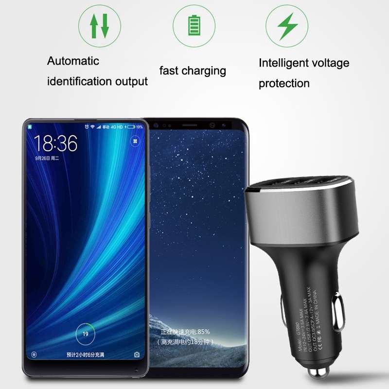 QIAKEY GT690C Dual USB + USB-C / Type-C Aluminum Alloy Three-Hole Car Charger(Black)