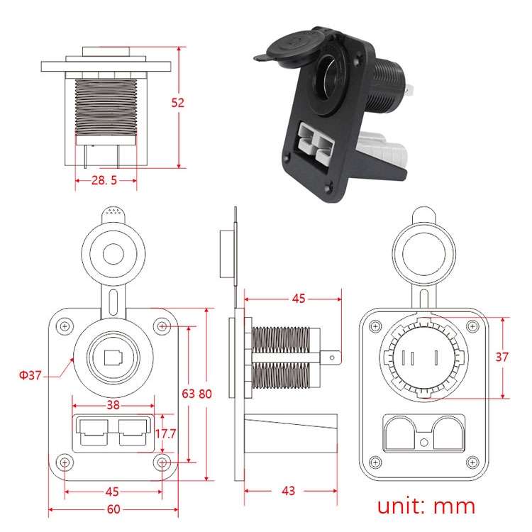 Large Current Plug With 12V Cigarette Lighter Panel Combination