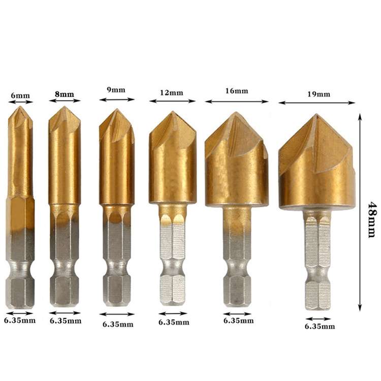6 PCS / Set 6-19mm Hexagonal Handle Titanium-Plated Five-Blade Chamer 90 Degree Chamfer Knife Drill
