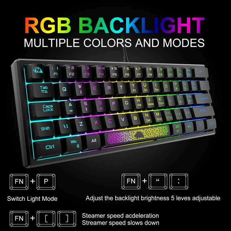 ZIYOU LANG K61 62 Keys RGB Lighting Mini Gaming Wired Keyboard, Cable Length:1.5m(Black)