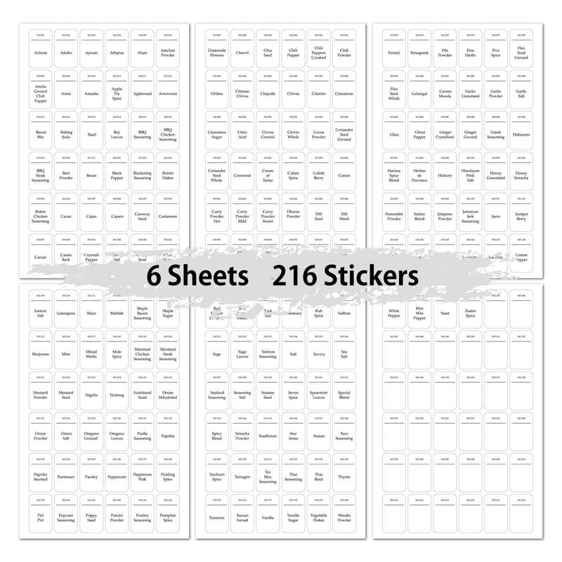 216 PCS Spice Jar Label Stickers Waterproof Oil Proof Kitchen Spice Jar Label(6 Sheets / set)