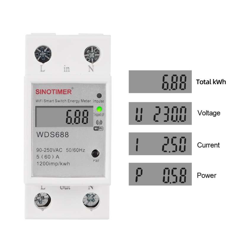 SINOTIMER WDS688 Smart WiFi Single-Phase Power Meter Mobile APP Home Rail Meter 5-60A 230V