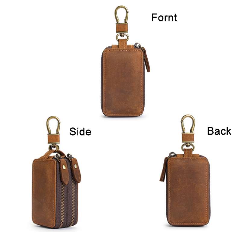 TP-9032 First Layer Cowhide Multifunctional Double Zipper Car Key Case(Brown)