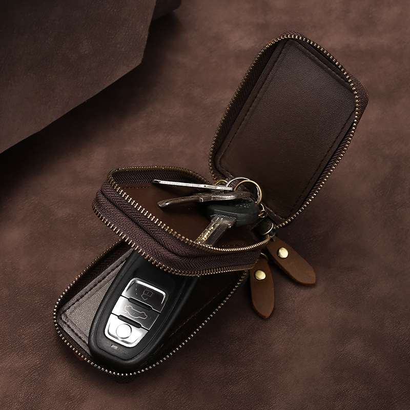 TP-9032 First Layer Cowhide Multifunctional Double Zipper Car Key Case(Brown)