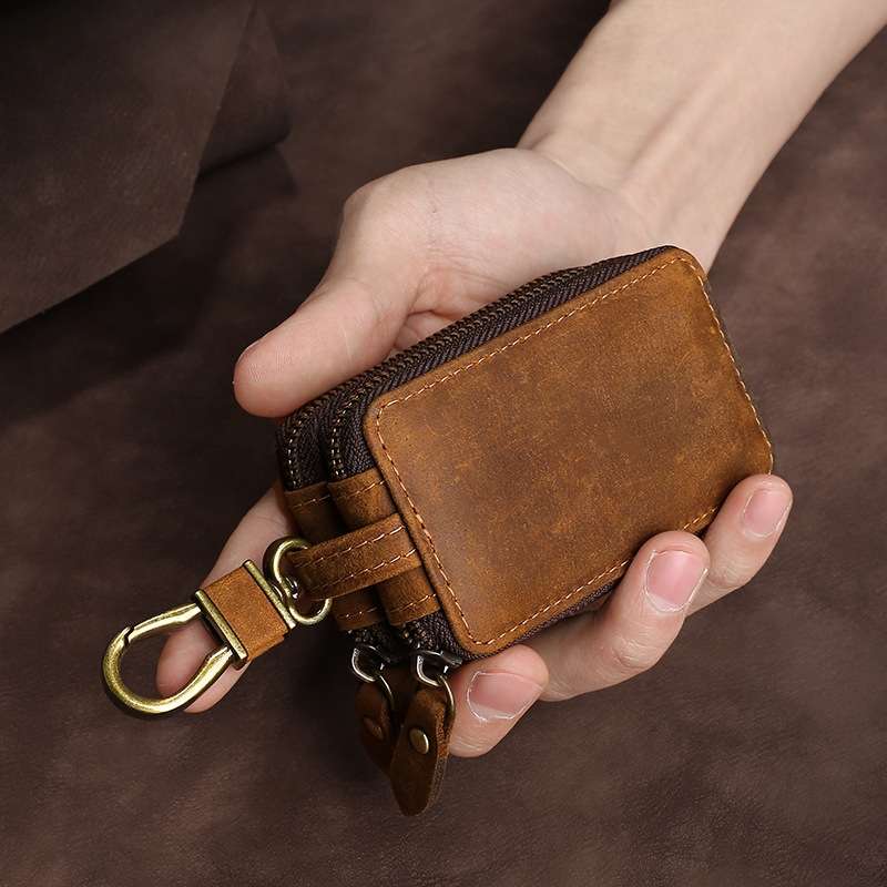 TP-9032 First Layer Cowhide Multifunctional Double Zipper Car Key Case(Brown)