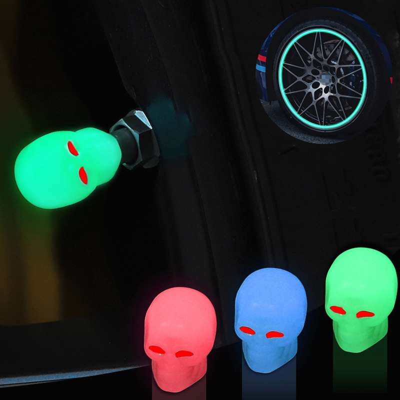 1 Sets Car Tire Luminous Valve Cap Motorcycle Skull Valve Core Cap(Green)