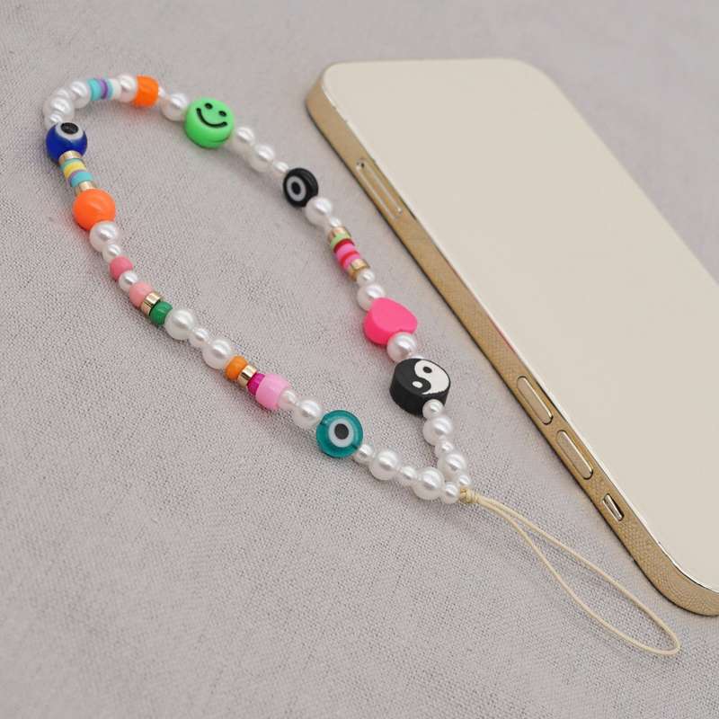 Imitation Pearl Mobile Phone Chain Smiley Beaded Soft Pottery Love Mobile Phone Chain(Qt-k210095c)