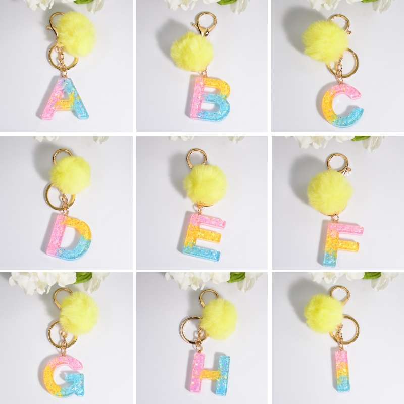 2 PCS Crystal Epoxy Rainbow Color Keychain Hair Ball Ladies Bag Pendant(A)