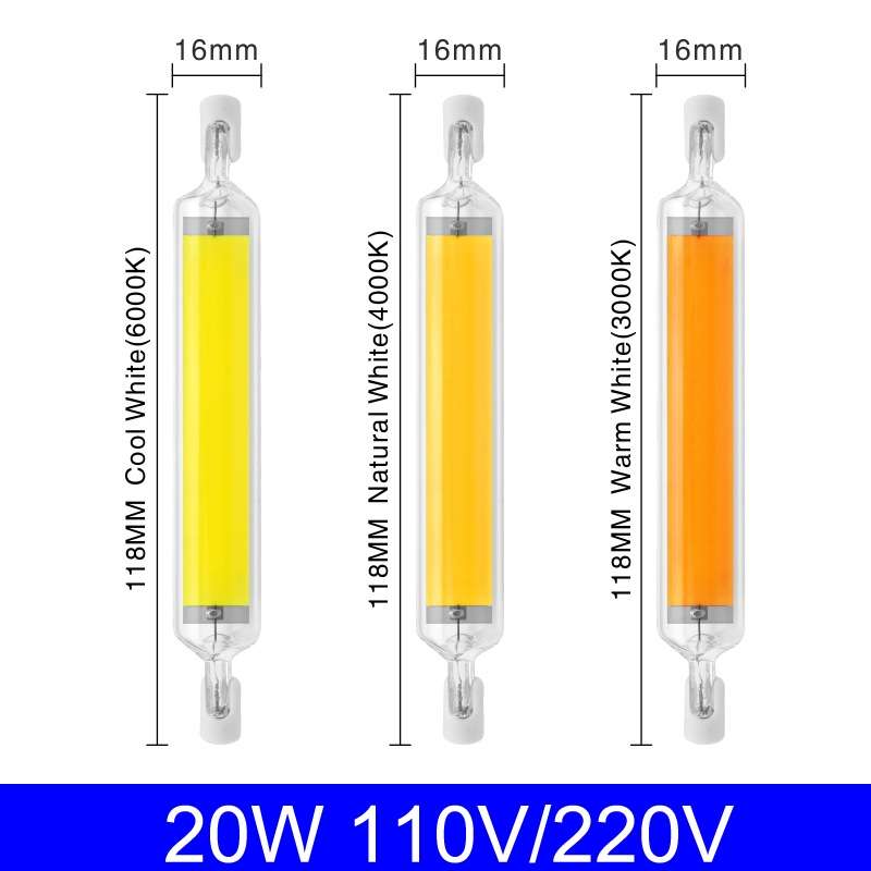 118mm 20W R7S LED COB Dimmer Glass Lamp Double-end Horizontal Plug-in Light(220v Cold White Light)
