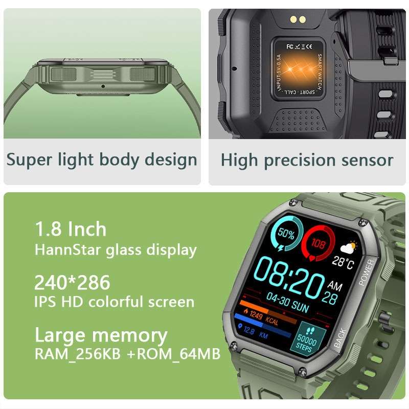 KR06 1.8 Inch Heart Rate Blood Pressure Monitoring Smart Calling Watch(Black)