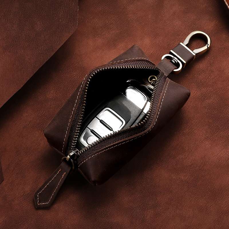 QY-9029 Car Universal Retro Crazy Horse Leather Key Case(Dark Coffee)