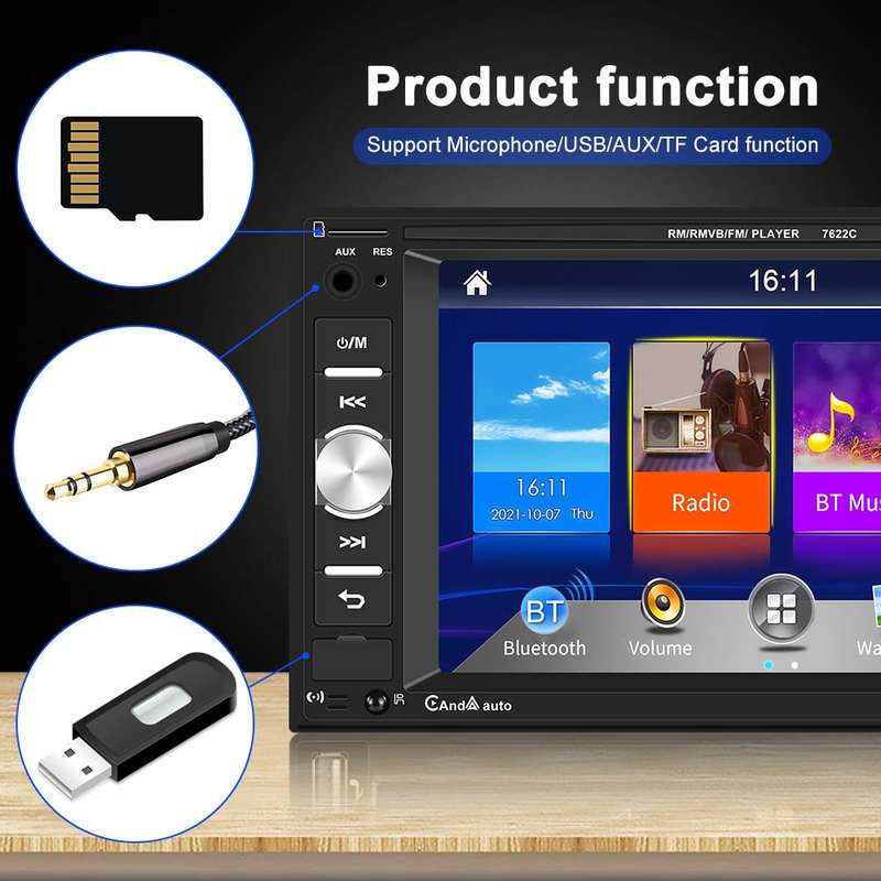 7622C 6.2 inch Dual Spindle HD Car Universal MP5 Carplay Player, Style: Standard+12 Light Camera