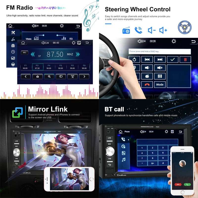 7622C 6.2 inch Dual Spindle HD Car Universal MP5 Carplay Player, Style: Standard+12 Light Camera
