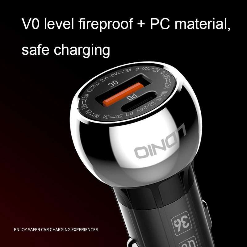 LDNIO C1 36W PD + QC 3.0 Car Fast Charger High Power Smart USB Car Charger with 8 Pin Cable
